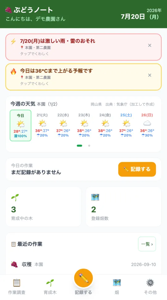 雨や暑さを、前もって知らせますの画面例